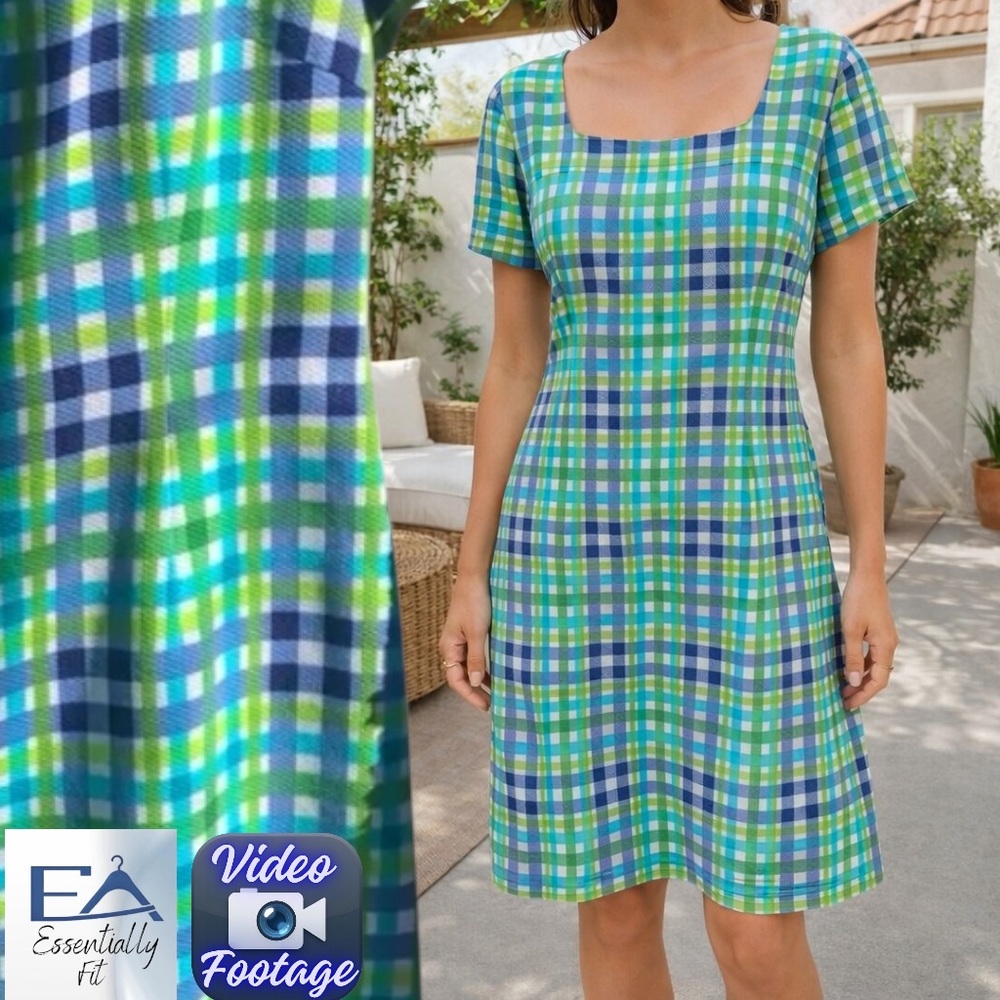 Jessica Howard 90s Vintage Green Blue Plaid Shift Dress Size 12 Spring Summer